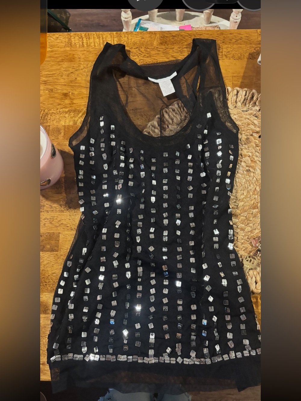 Charlotte Russe Black Sheer Tank with Silver Sequin Squares